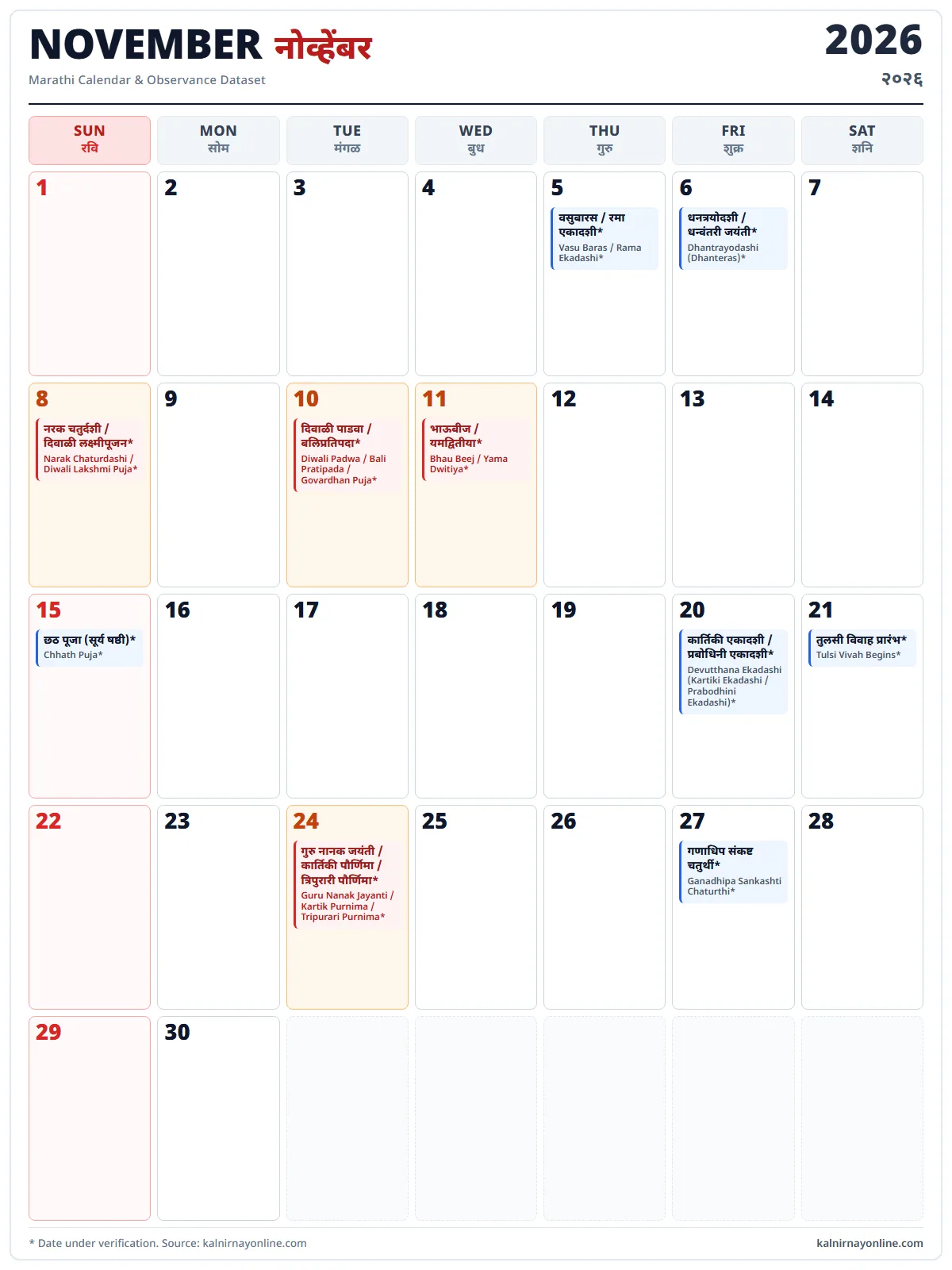 November 2026 Marathi calendar with festivals and public holidays